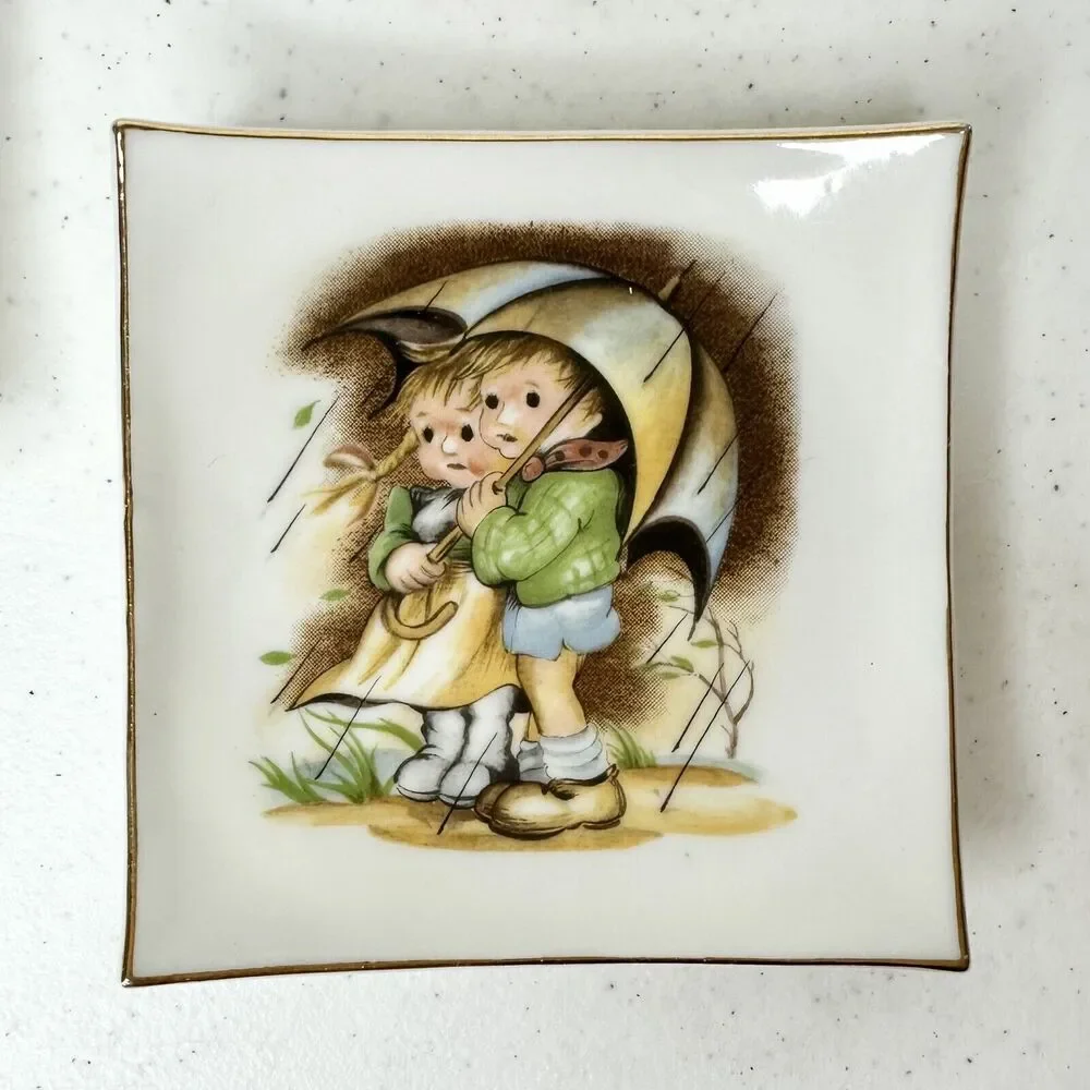 2 Vtg 1950's Small Square Trinket Dish/Hanging‎ Hummel Mini Decor Jewelry